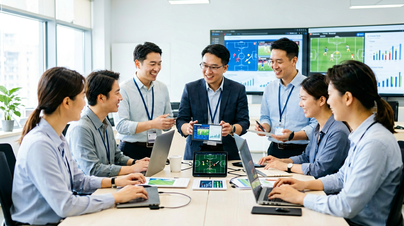 jiuyou.com团队进行赛事数据分析与内容制作的工作场景